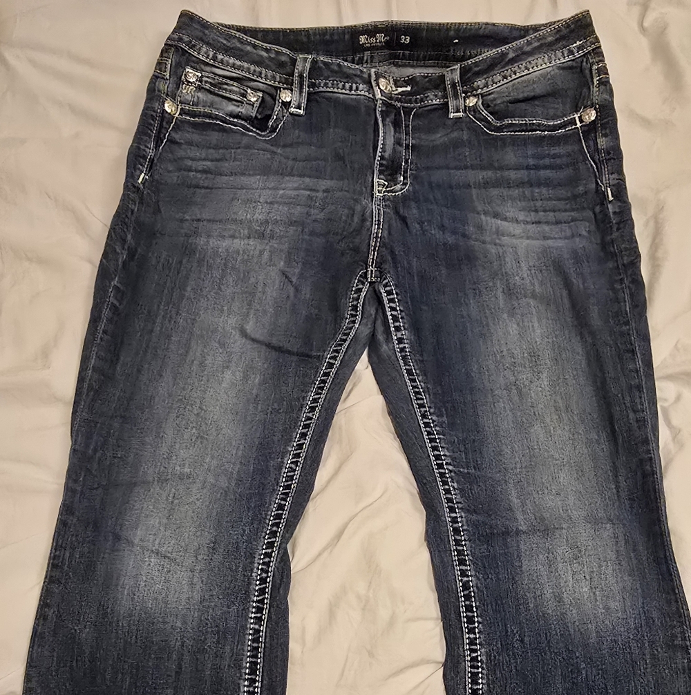 Miss Me Dark Blue Boot Cut Jeans with Silver Accents - Picture 2 of 5